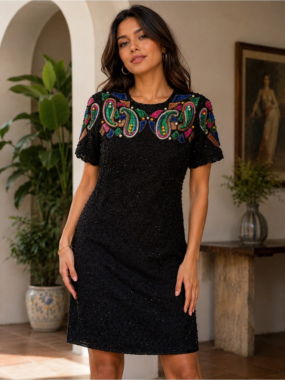 VTG Stenay 80s Black Mini Dress Multicolor Paisley Beaded Yoke glam yacht cruise